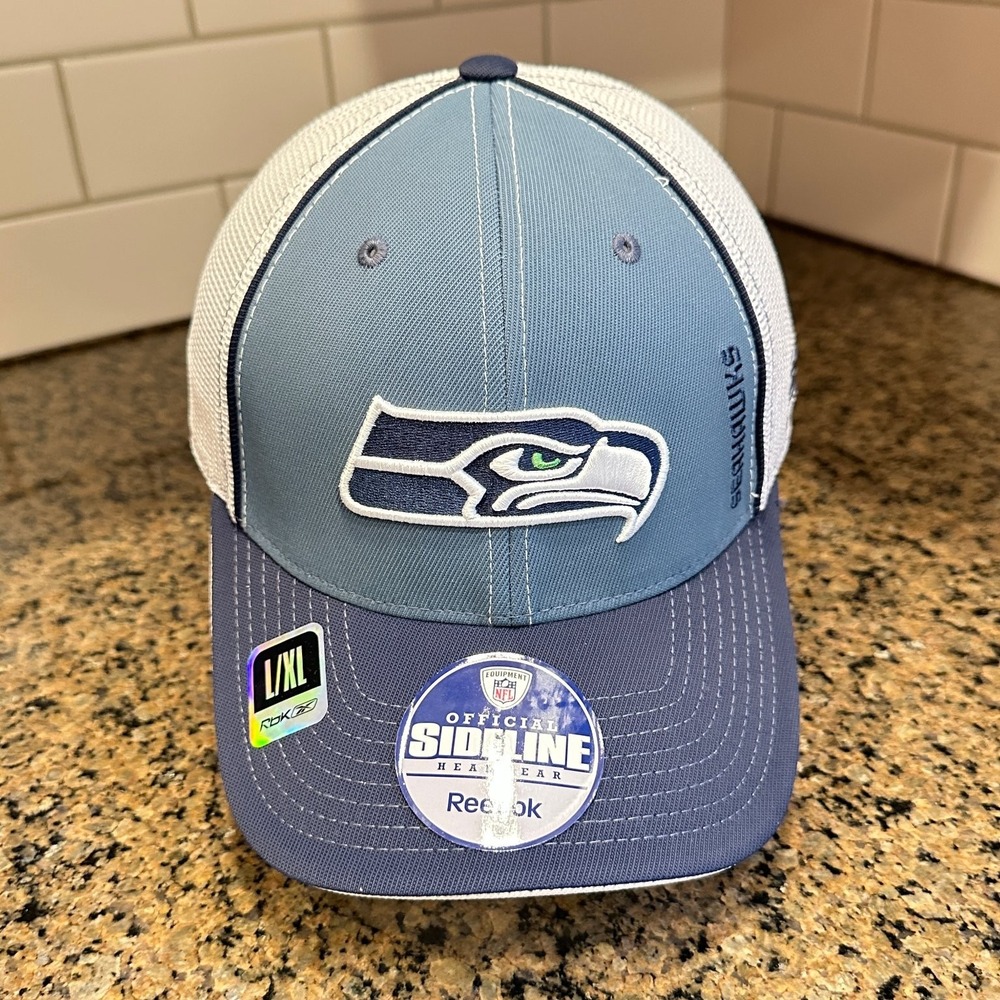 Seattle Seahawks Reebok Sideline Player Trucker Hat Mens L/XL Blue Nylon Blend